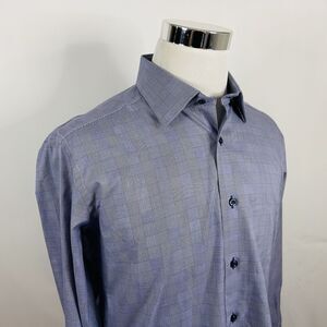 David Donahue 16.5 34/35 Trim Fit French Cuff Dress Shirt Blue Glen Plaid Cotton